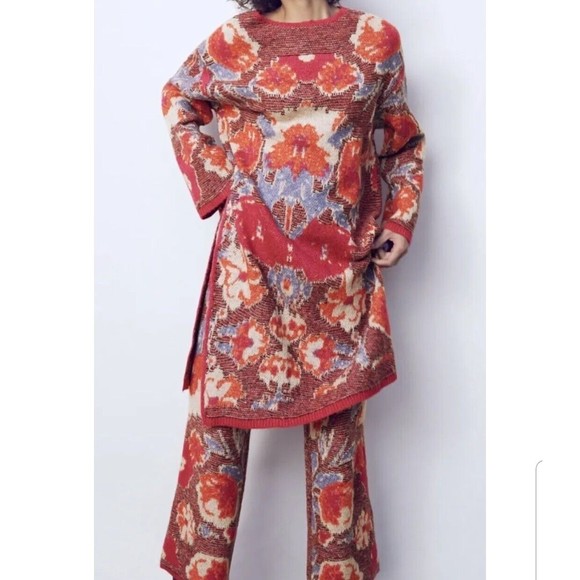 NWT Zara S red floral jacquard tunic long sweater oversize - Picture 2 of 14
